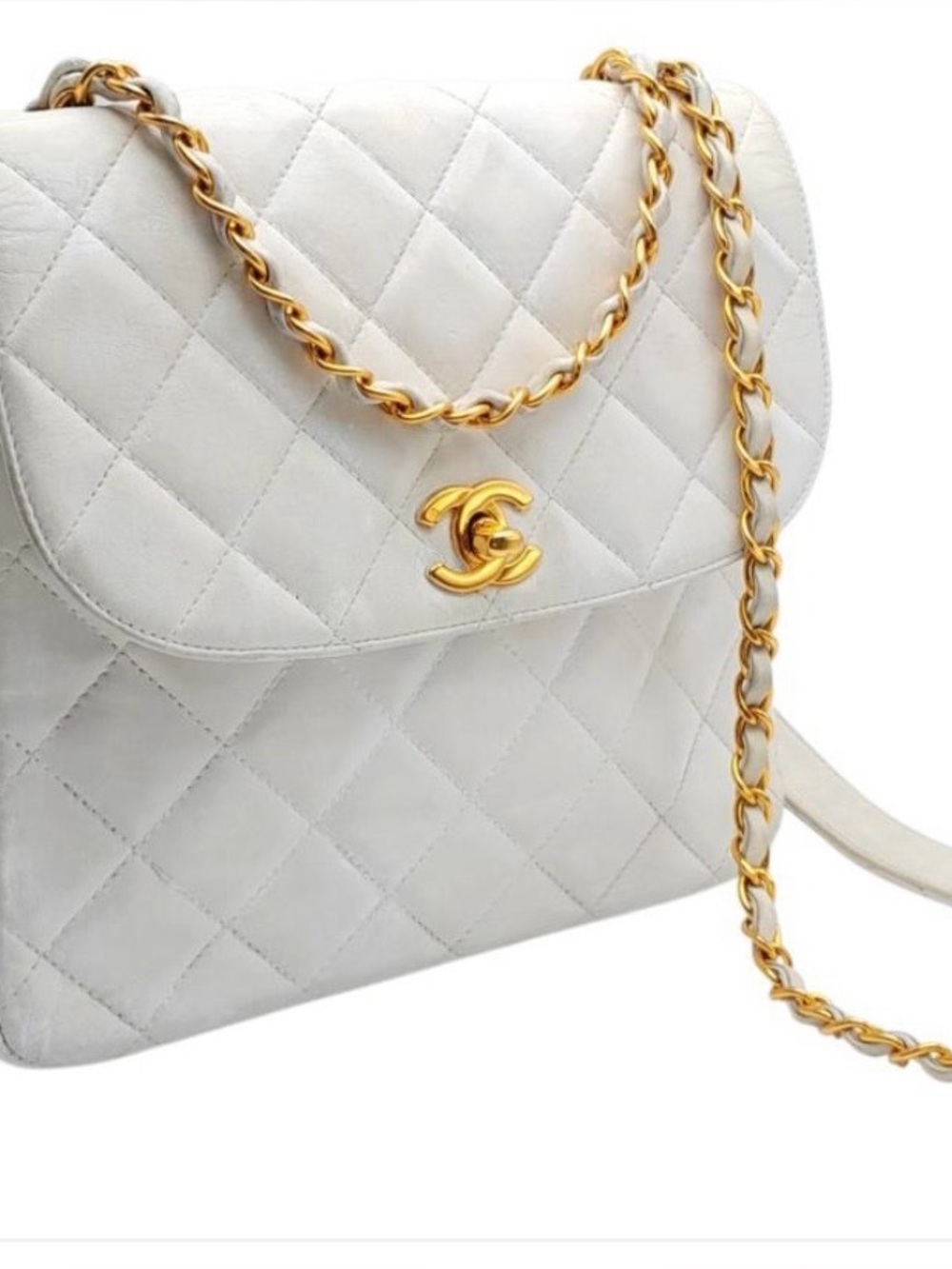 On Sale Today!! Authentic CHANEL White Quilted Leather Shoulder Bag with Gold HW